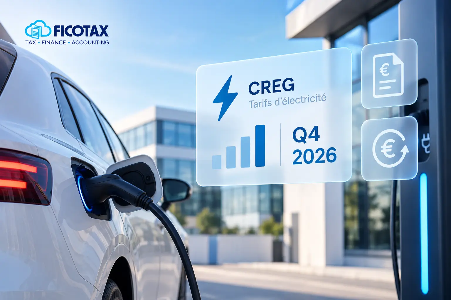 Image d’un véhicule électrique en charge, avec l’icône CREG et les indices Q4 2026, devant un bâtiment moderne. Logo FICOTAX en haut à gauche. Alt: Véhicule électrique en charge, icônes CREG et Q4 2026, façade moderne; FICOTAX, bureau d’expertise comptable et fiscale 100 % digital. Image d’un véhicule électrique en charge, avec l’icône CREG et les indices Q4 2026, devant un bâtiment moderne. Logo FICOTAX en haut à gauche. Alt: Véhicule électrique en charge, icônes CREG et Q4 2026, façade moderne; FICOTAX, bureau d’expertise comptable et fiscale 100 % digital.