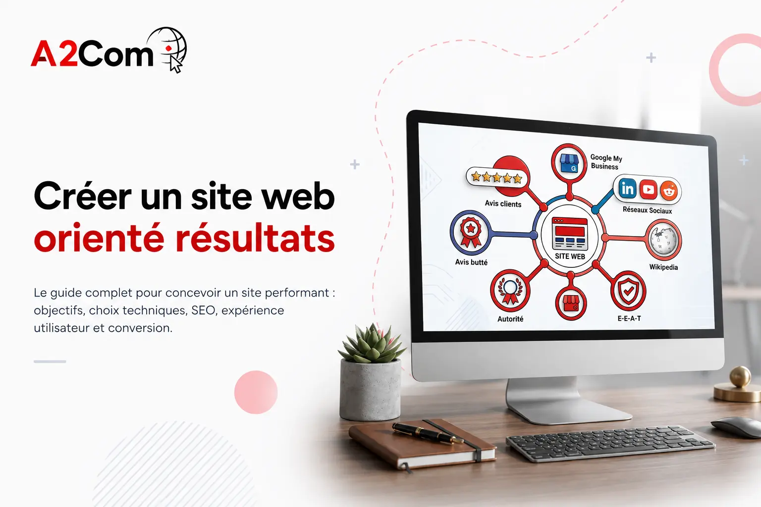 Création d’un site web performant avec démarche orientée résultats, affichant un écran d’ordinateur montrant un diagramme network marketing sur fond blanc.