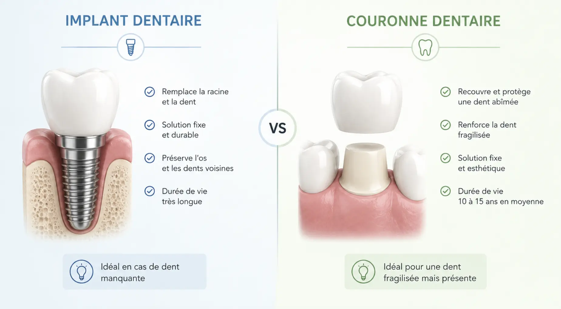 Comparaison entre implant dentaire et couronne dentaire: schéma montrant implant vissé dans l’os et couronne sur dent abîmée, avec descriptions et avantages.