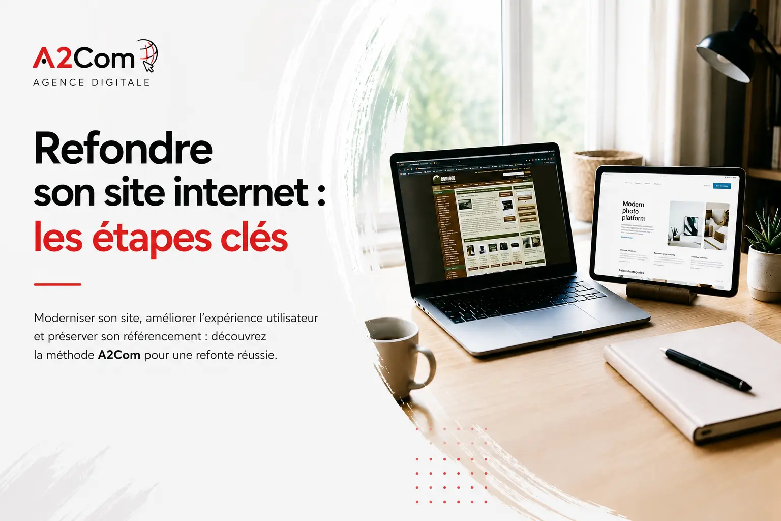 Refondre son site internet : les étapes clés, avec deux ordinateurs portables affichant des pages web sur un bureau lumineux.