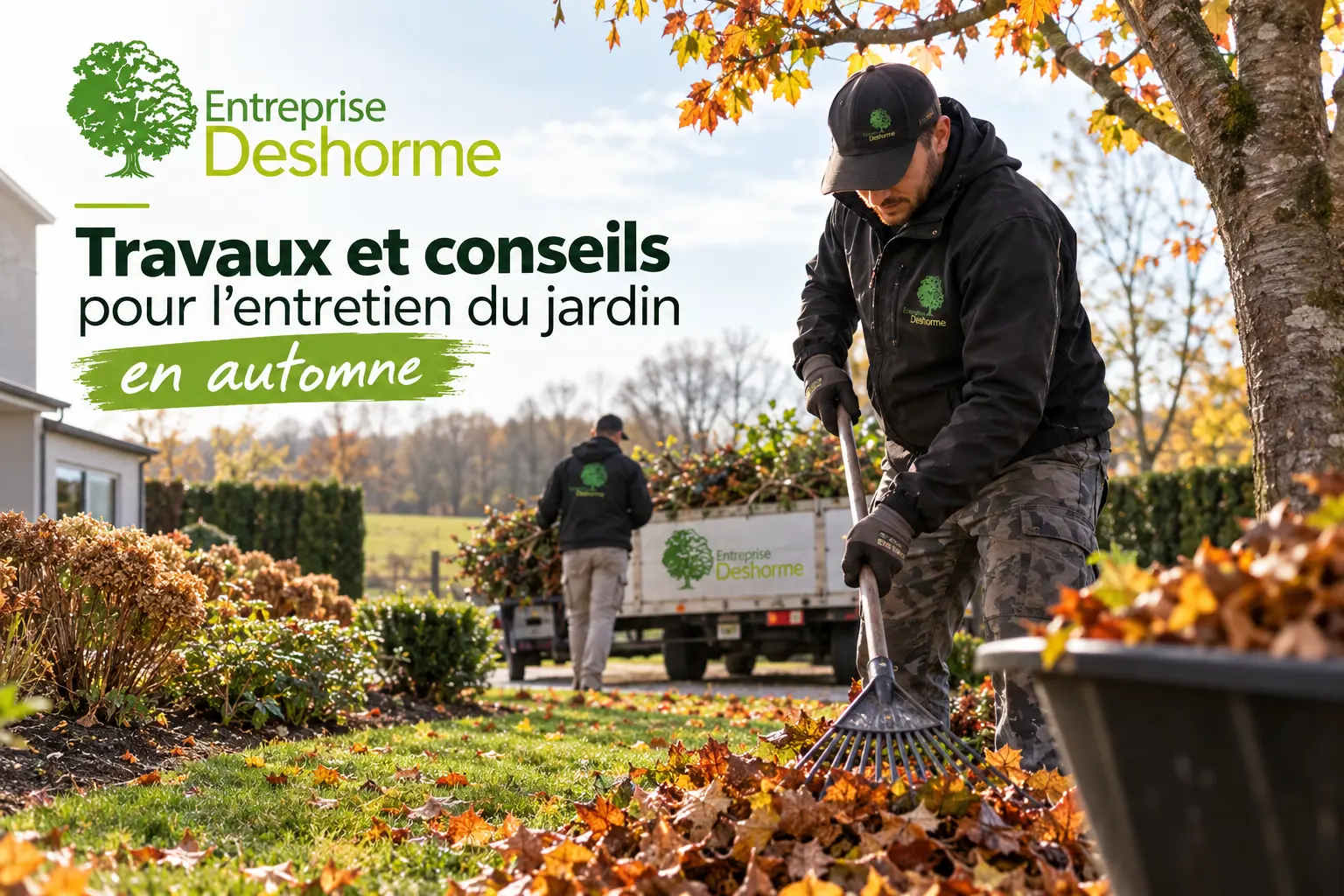 Travaux d’entretien de jardin en automne par l’Entreprise Deshorme, avec un jardinier ramassant les feuilles et une équipe au travail près d’un camion dans une allée.