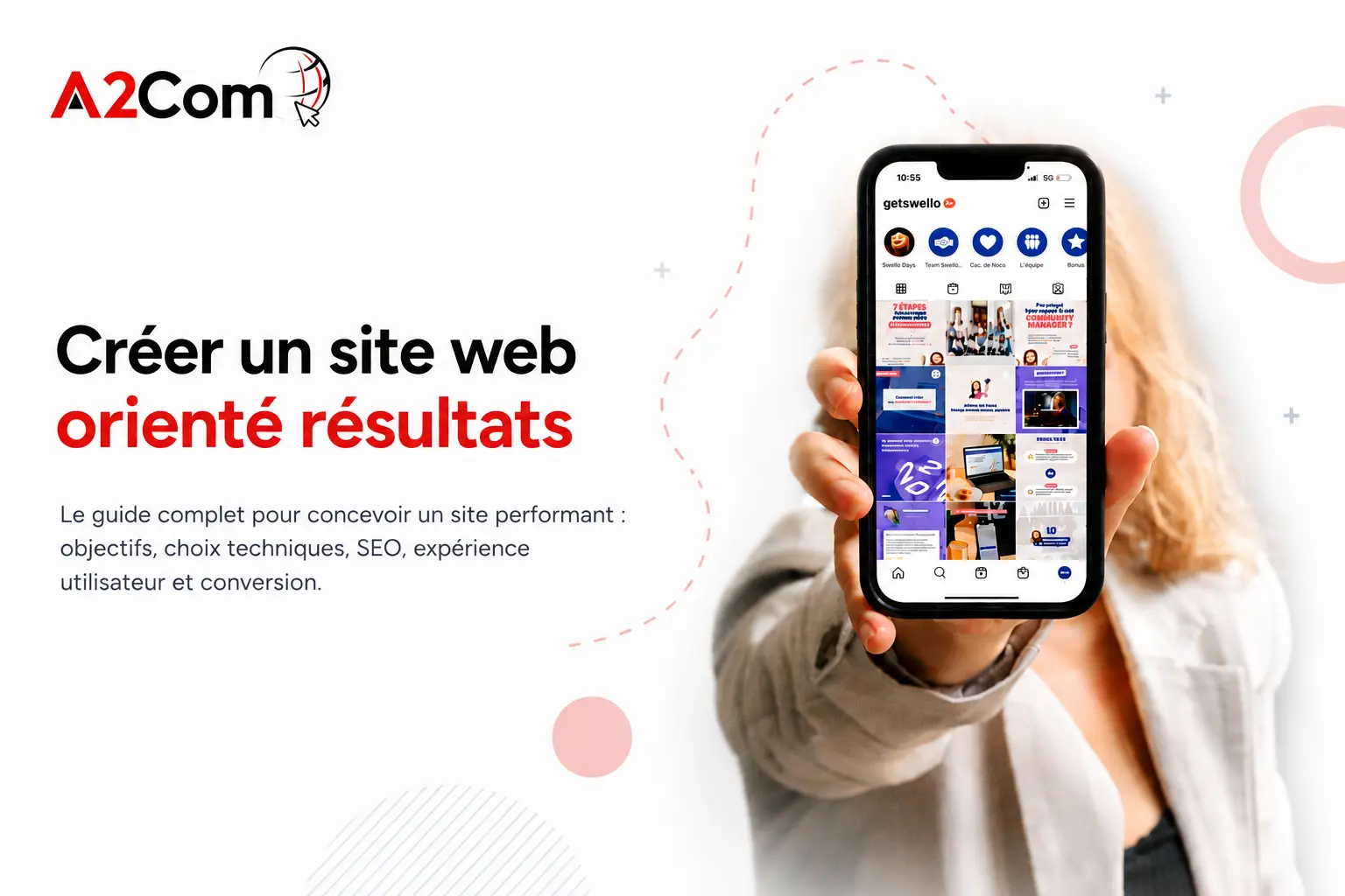 A2Com présente un homme tenant un smartphone affichant une grille d’icônes d’applications, sur fond clair avec texte « Créer un site web orienté résultats ».