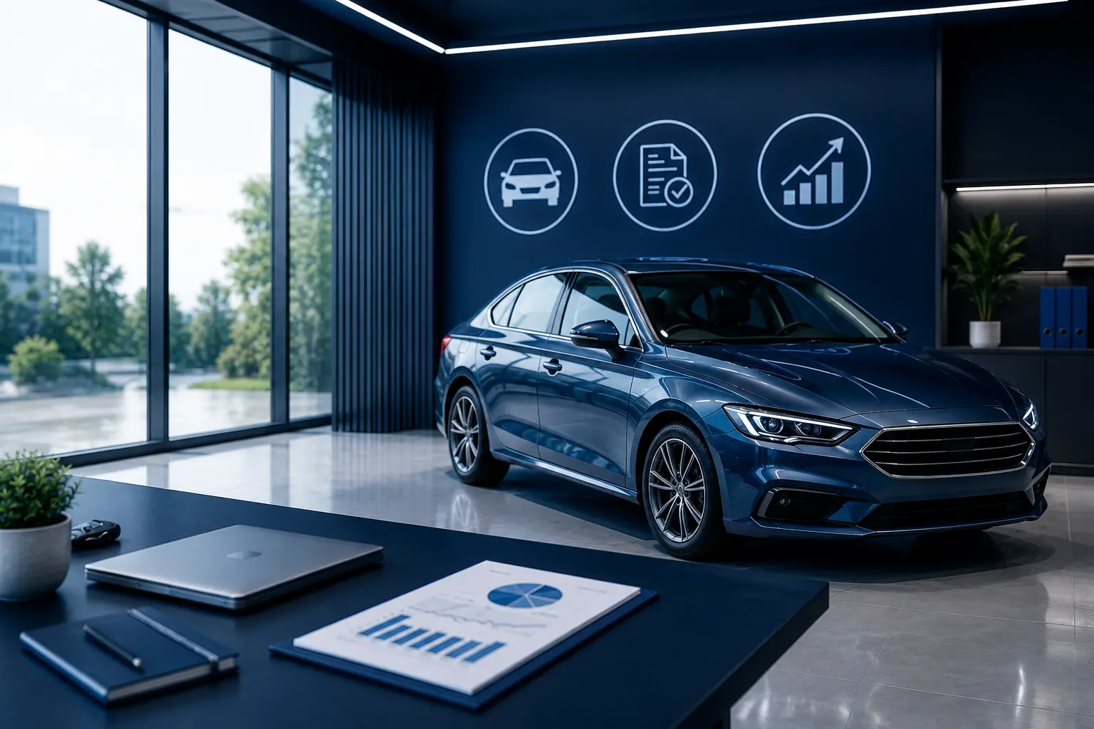 Berline bleue dans un showroom moderne, près d’un bureau avec graphiques et documents financiers sur la table. Berline bleue dans un showroom moderne, près d’un bureau avec graphiques et documents financiers sur la table.