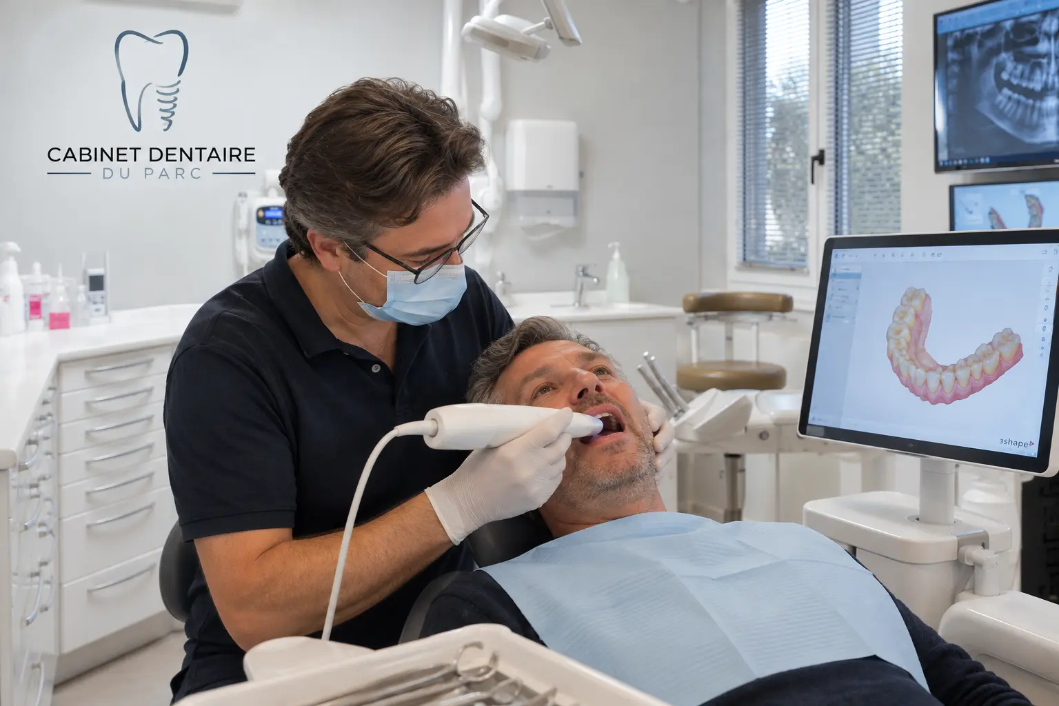 Dentiste effectuant un examen dentaire sur un patient allongé, affichage dentaire 3D sur écran, cabinet moderne et propre.