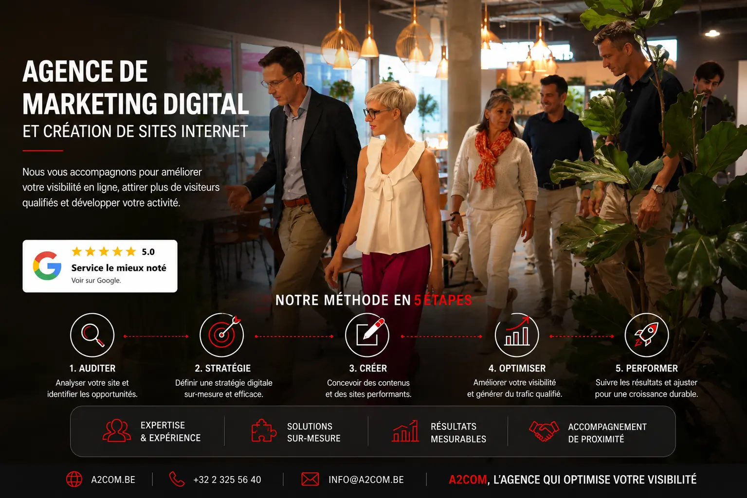 Agence de marketing digital en groupe dans un espace coworking lumineux, avec texte « AGENCE DE MARKETING DIGITAL ET CRÉATION DE SITES INTERNET » et icônes de services en bas.