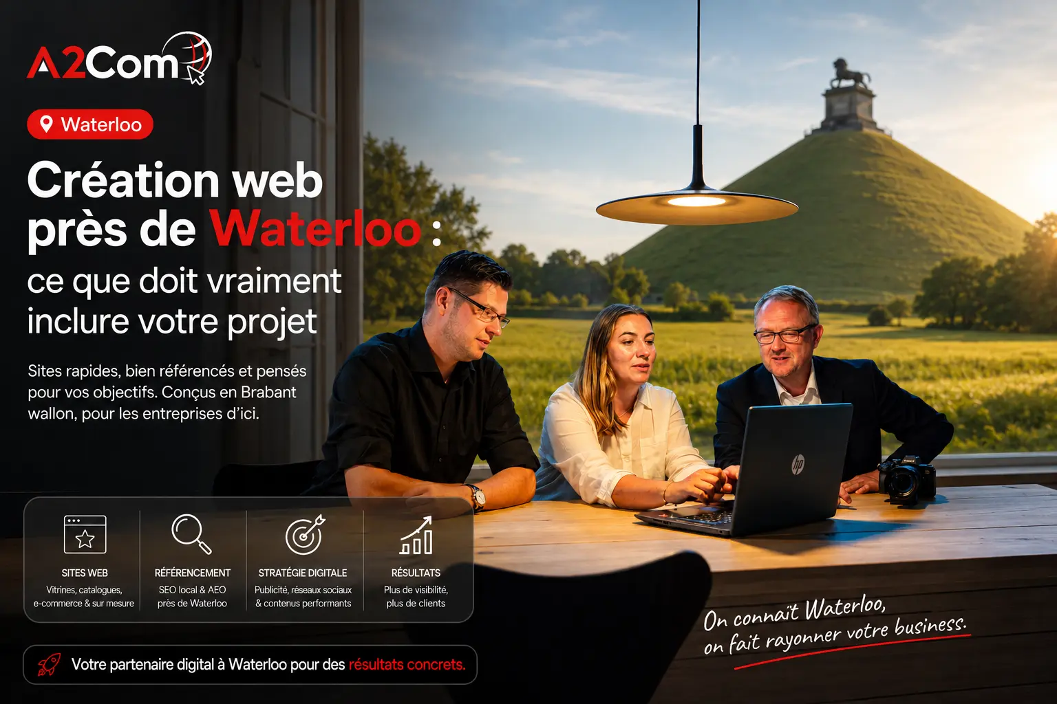 Équipe réuni autour d’un bureau avec ordinateur portable, en plein air près d’un paysage champêtre; logo A2Com, localisation Waterloo et texte promotionnel.