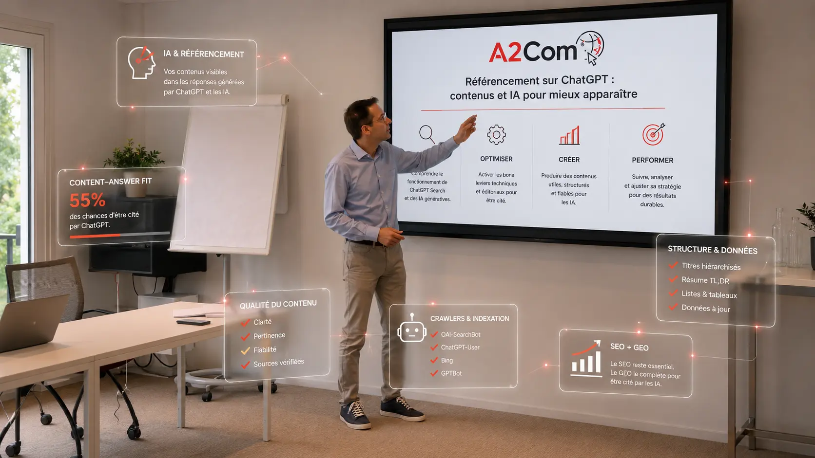 Formateur en présentation digitale devant un grand écran montrant le logo A2Com et des icônes de services web, dans une salle de réunion moderne.
