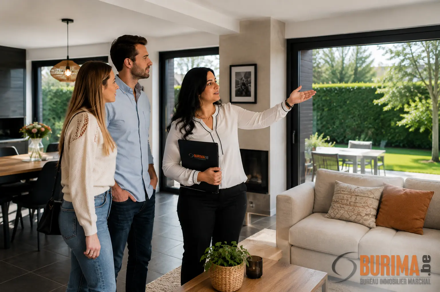 Trois visiteurs devant une villa moderne : une agente Burima Belgium explique les lieux depuis le salon lumineux, clientèle attentive. Trois visiteurs devant une villa moderne : une agente Burima Belgium explique les lieux depuis le salon lumineux, clientèle attentive.