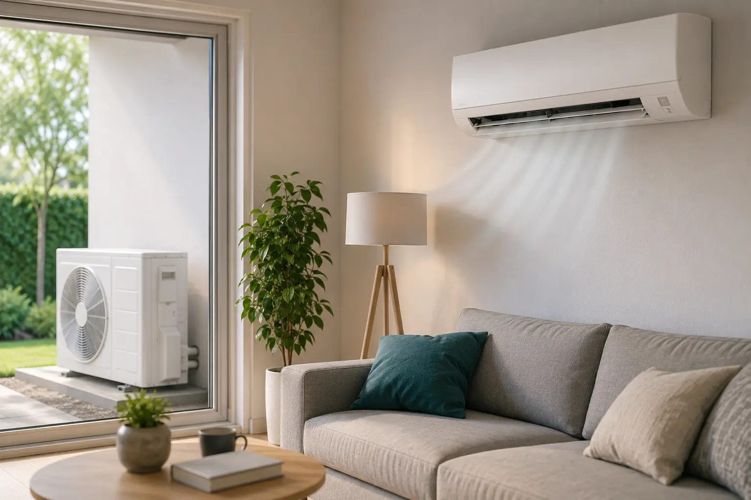 Climatisation murale dans un salon moderne, unité extérieure visible par la fenêtre et canapé gris avec coussins, lampe sur pied et plante verte. Climatisation murale dans un salon moderne, unité extérieure visible par la fenêtre et canapé gris avec coussins, lampe sur pied et plante verte.
