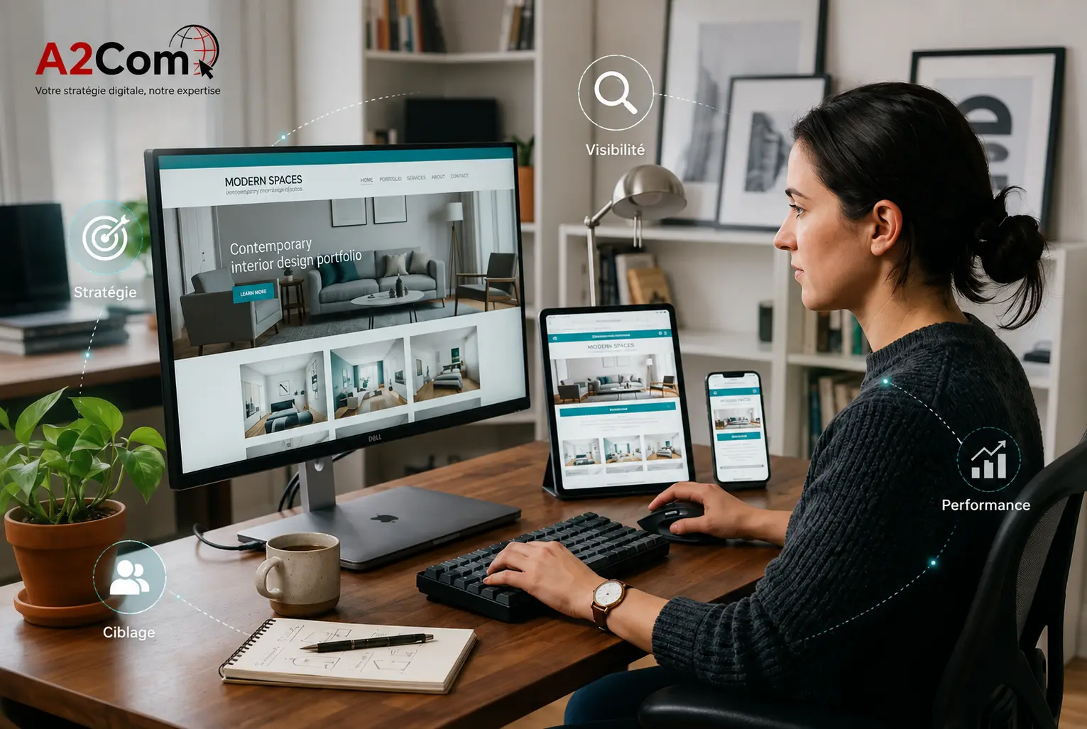 Consultante travaillant sur un espace bureautique avec ordinateur, tablette et smartphone affichant un site web, entourée d’icônes « Visibilité », « Stratégie », « Ciblage » et « Performance » pour A2Com.