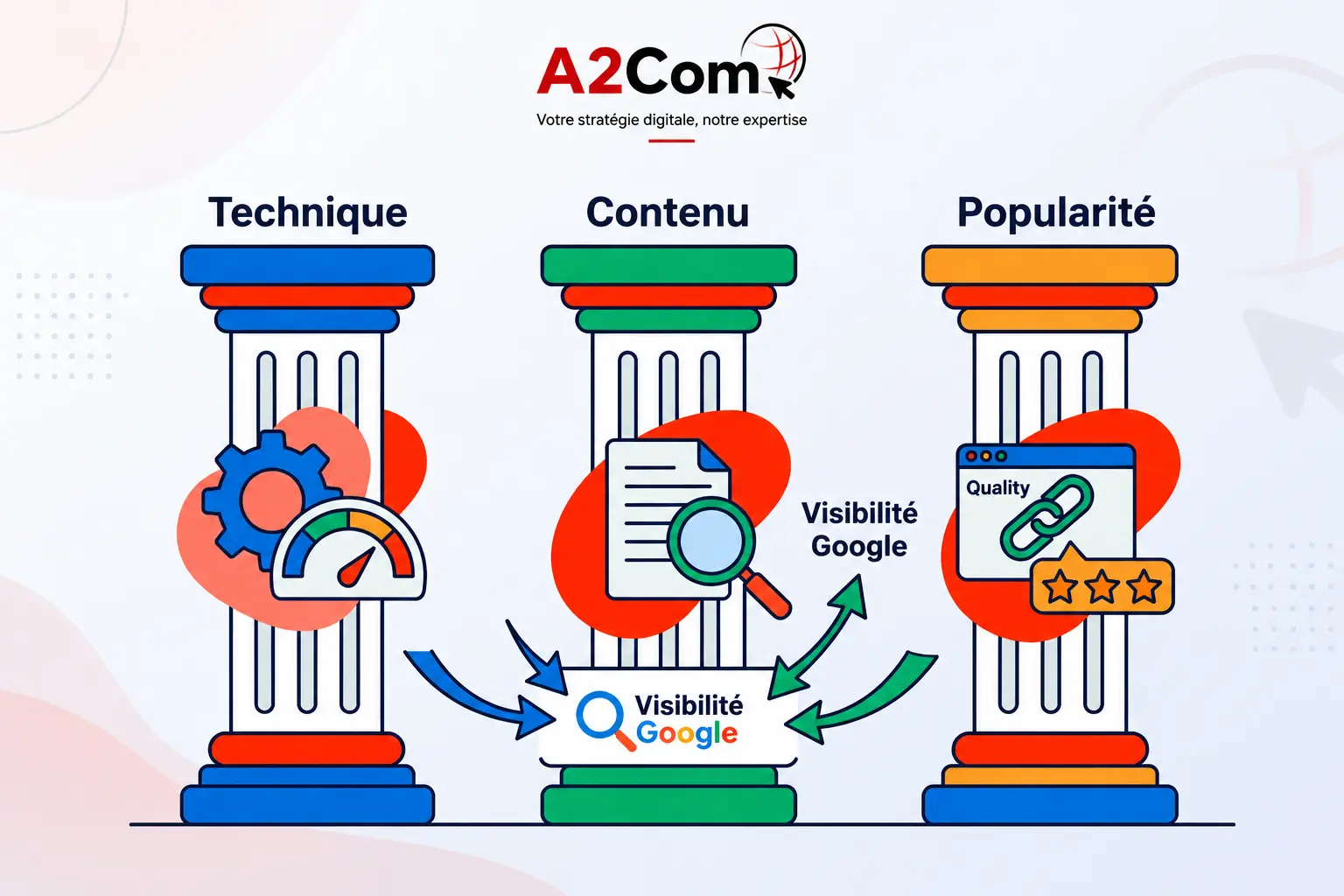 Illustration pédagogique montrant trois colonnes colorées, Technique, Contenu et Popularité, symbolisant l’optimisation web et la visibilité Google avec flèches et loupe.