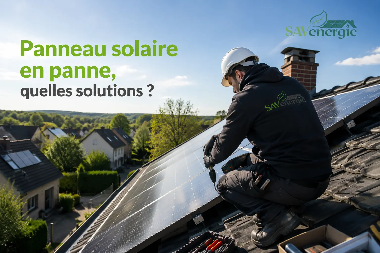 Panneau solaire en panne dans un cadre résidentiel, technicien de SAVenergie sur un toit, installation de panneaux photovoltaïques et vue verte en arrière-plan. Panneau solaire en panne dans un cadre résidentiel, technicien de SAVenergie sur un toit, installation de panneaux photovoltaïques et vue verte en arrière-plan.