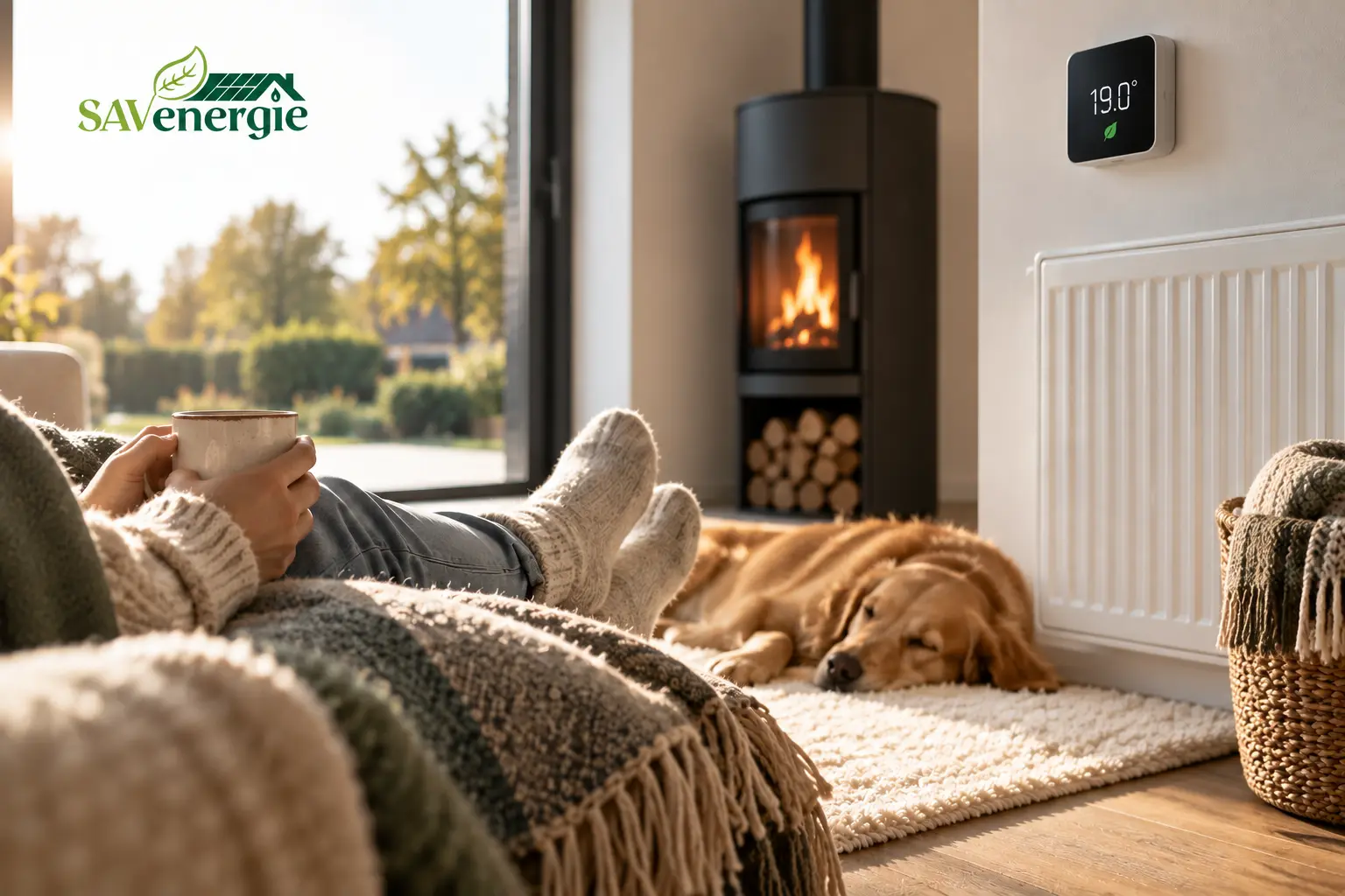 Personne profitant d’un intérieur chaleureux: cheminée moderne, chauffage au bois, chien endormi, pieds sur un plaid, thermostat affichant 19,0°C, logo SAVenergie en haut à gauche. Personne profitant d’un intérieur chaleureux: cheminée moderne, chauffage au bois, chien endormi, pieds sur un plaid, thermostat affichant 19,0°C, logo SAVenergie en haut à gauche.