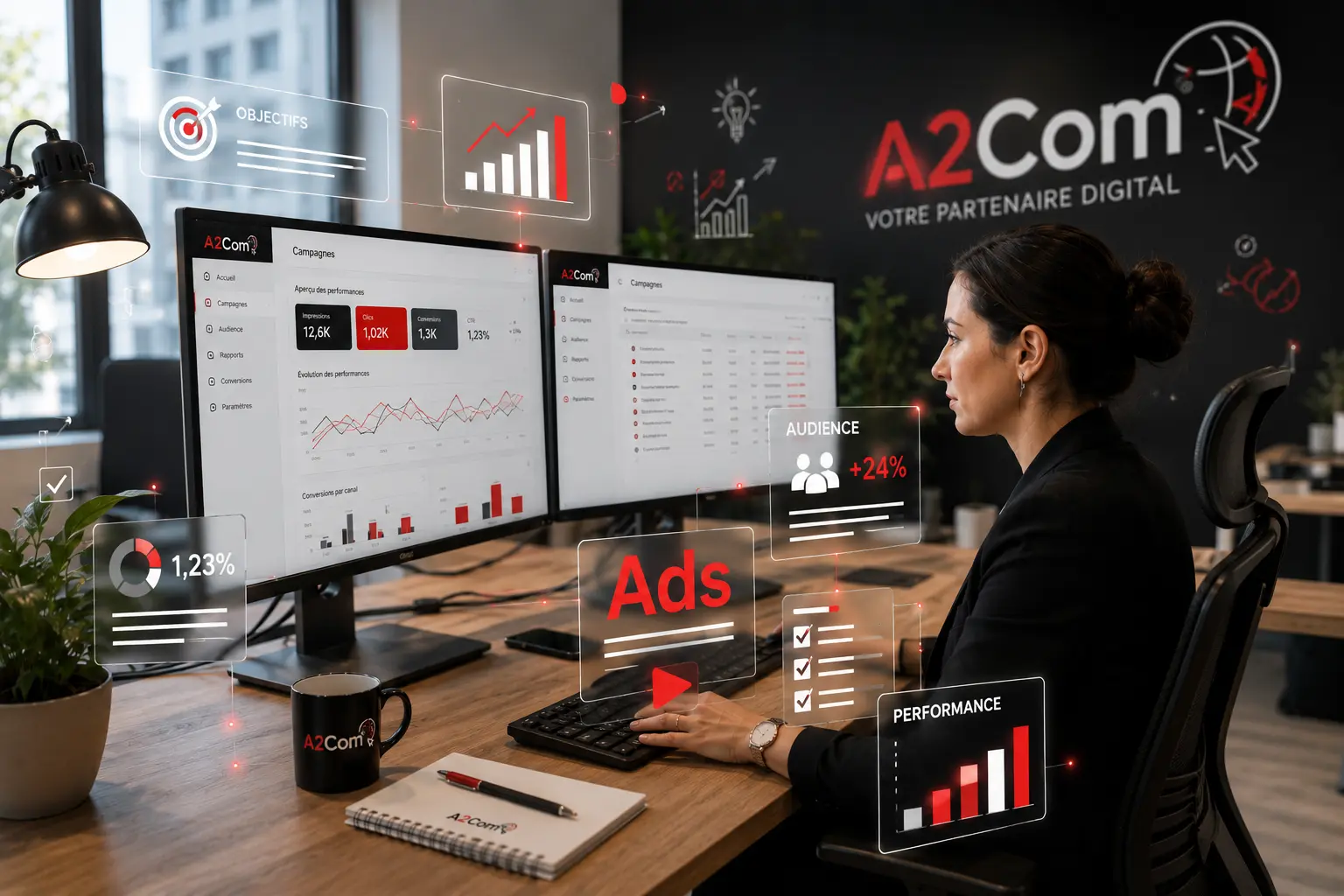 Contrôleur marketing travaillant sur trois écrans affichant des graphiques et des données d’audience, avec le logo A2Com en arrière-plan.