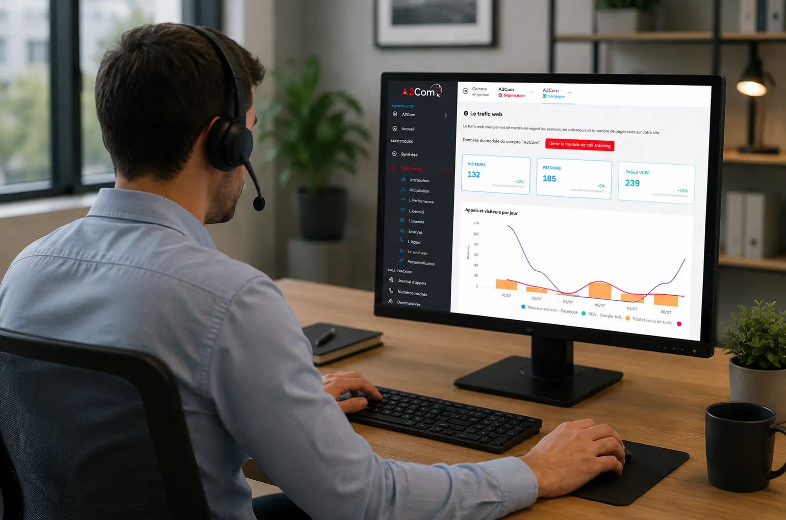 Analyste en support client travaillant sur un ordinateur équipé d’un moniteur affichant des métriques et graphiques, casque audio, ambiance bureau. Analyste en support client travaillant sur un ordinateur équipé d’un moniteur affichant des métriques et graphiques, casque audio, ambiance bureau.