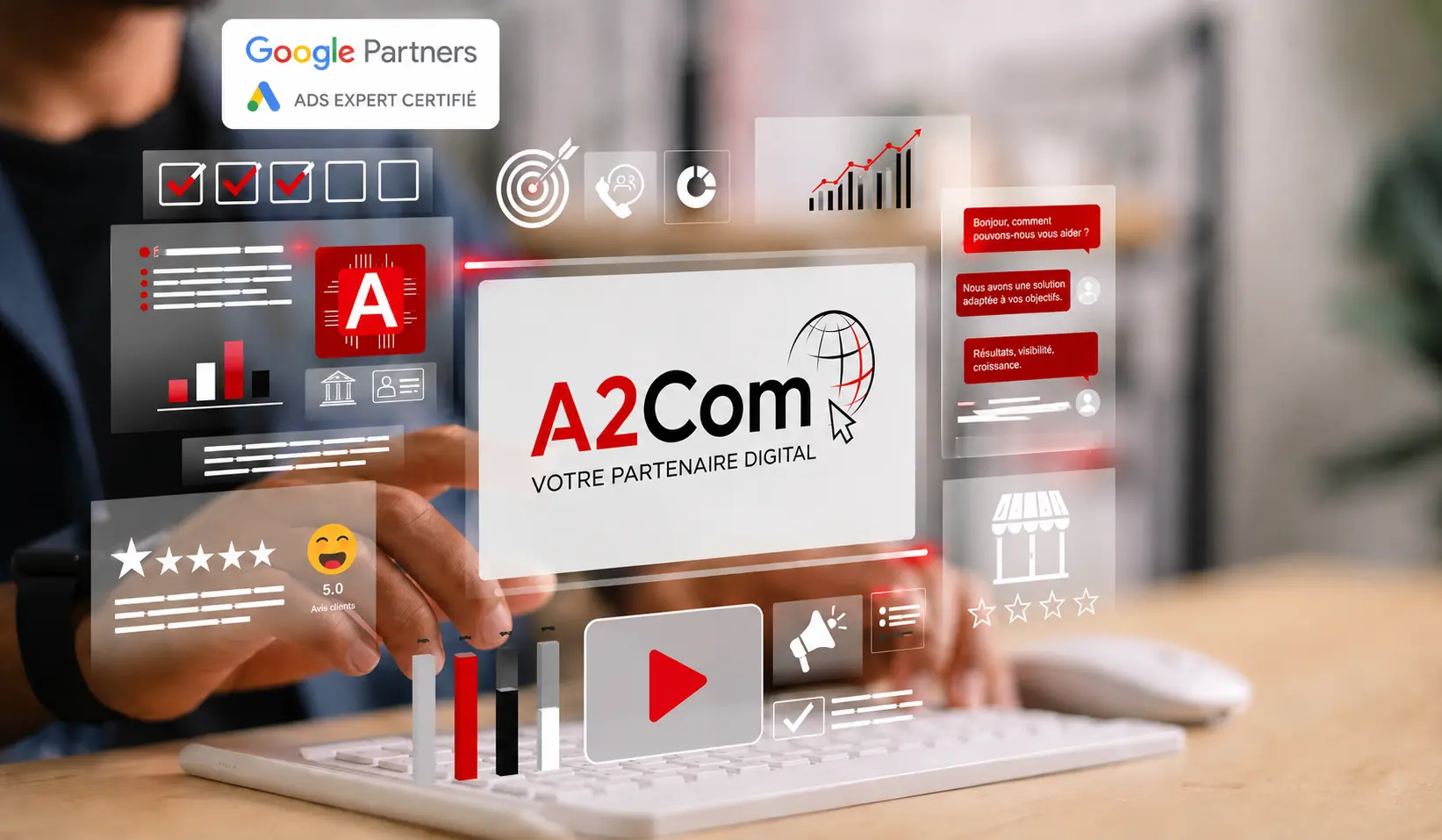 A2Com, logo affiché sur un écran central entouré d’icônes et d’éléments graphiques marketing. A2Com, logo affiché sur un écran central entouré d’icônes et d’éléments graphiques marketing.