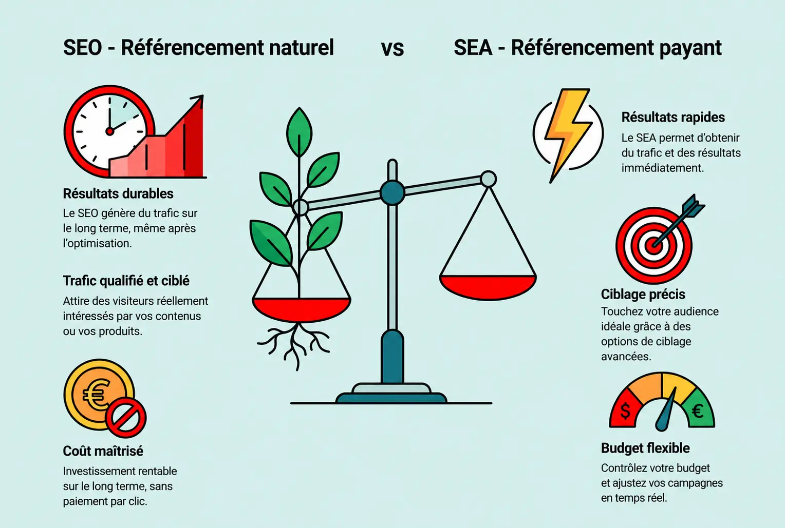 Comparaison SEO naturel vs SEA payant: balance graphique centrale avec plantes et balance; textes et icônes: horloge et graphique à gauche, icônes de croissance; côté droit, résultats rapides, cible précise et budget flexible. Comparaison SEO naturel vs SEA payant: balance graphique centrale avec plantes et balance; textes et icônes: horloge et graphique à gauche, icônes de croissance; côté droit, résultats rapides, cible précise et budget flexible.