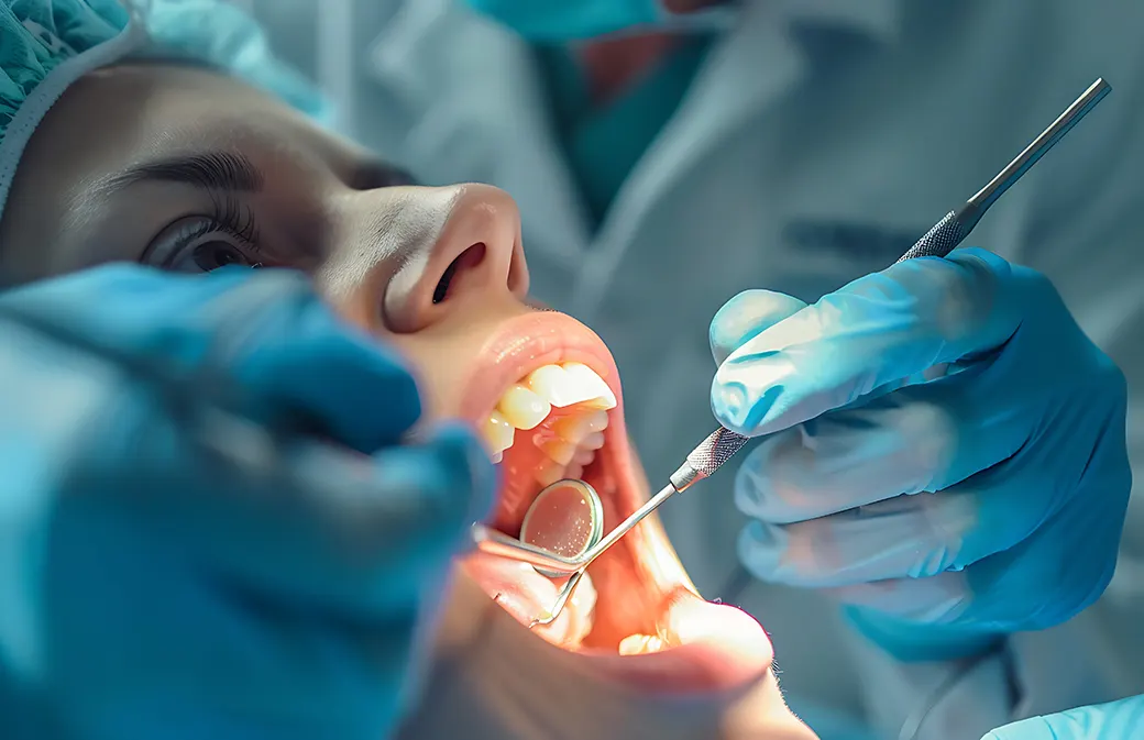 Dentiste examinant et traitant une patient dans une salle dentaire, avec outils et gants bleus, ambiance soins bucco-dentaires. Dentiste examinant et traitant une patient dans une salle dentaire, avec outils et gants bleus, ambiance soins bucco-dentaires.