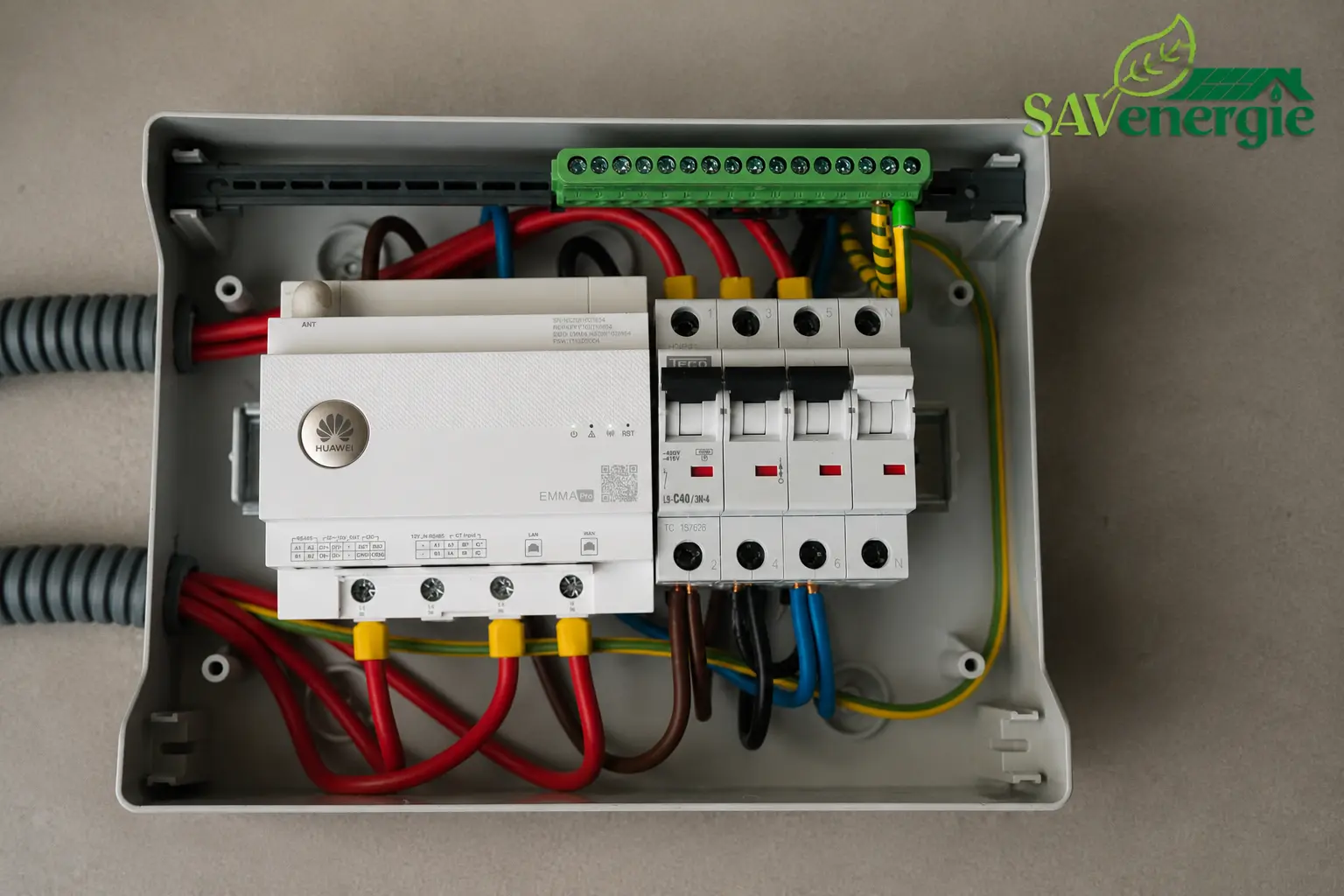 Boîte de dérivation électrique ouverte montrant un kit multi-poste avec disjoncteurs, câbles rouges et bleus, borne verte et composants de domotique, logo SAVenergie en coin. Boîte de dérivation électrique ouverte montrant un kit multi-poste avec disjoncteurs, câbles rouges et bleus, borne verte et composants de domotique, logo SAVenergie en coin.