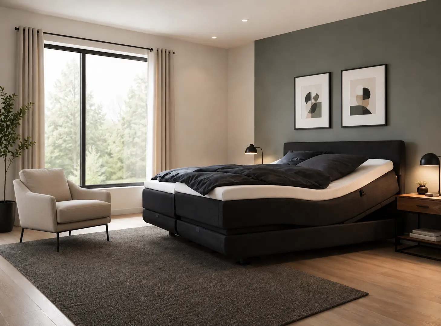 Chambre spacieuse moderne avec lit king size, literie sombre et tête de lit gris, deux tables de chevet, lampes, fauteuil beige près d’une grande fenêtre et tapis gris.