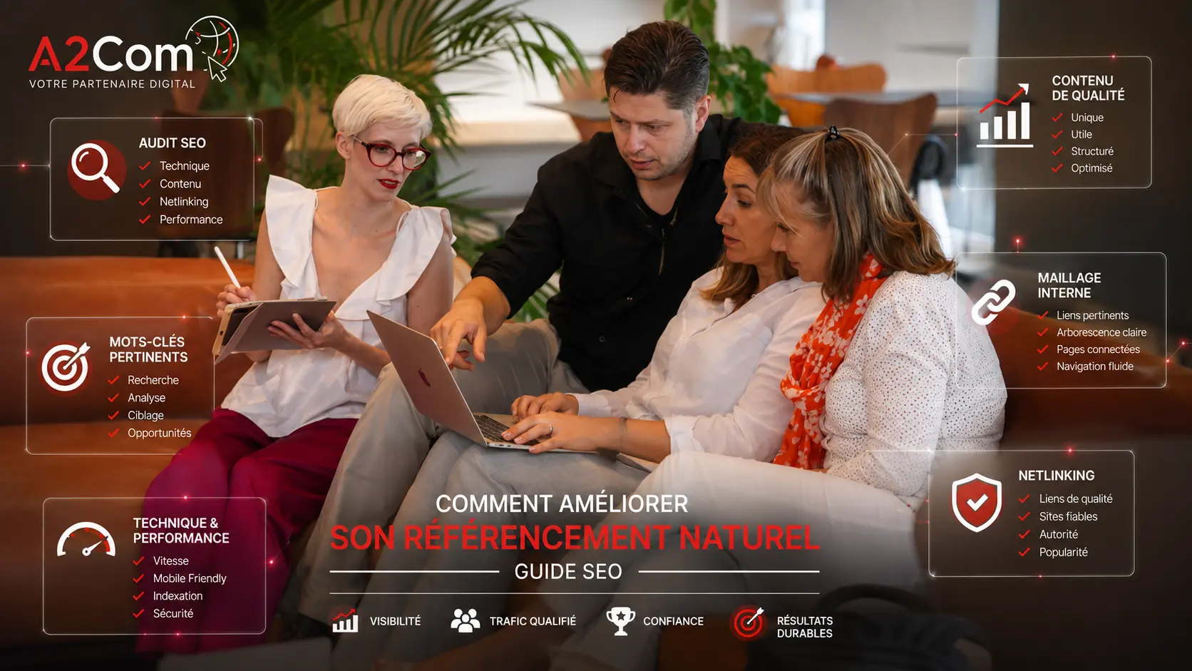 Équipe A2Com en réunion, affichage graphique des services SEO et marketing numérique autour d’eux.