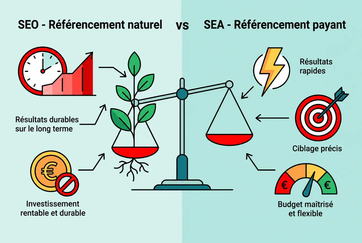 Comparaison SEO vs SEA: balance illustrée entre croissance durable (haut) et résultats rapides (droite), avec icônes de coût, ciblage et résultats.