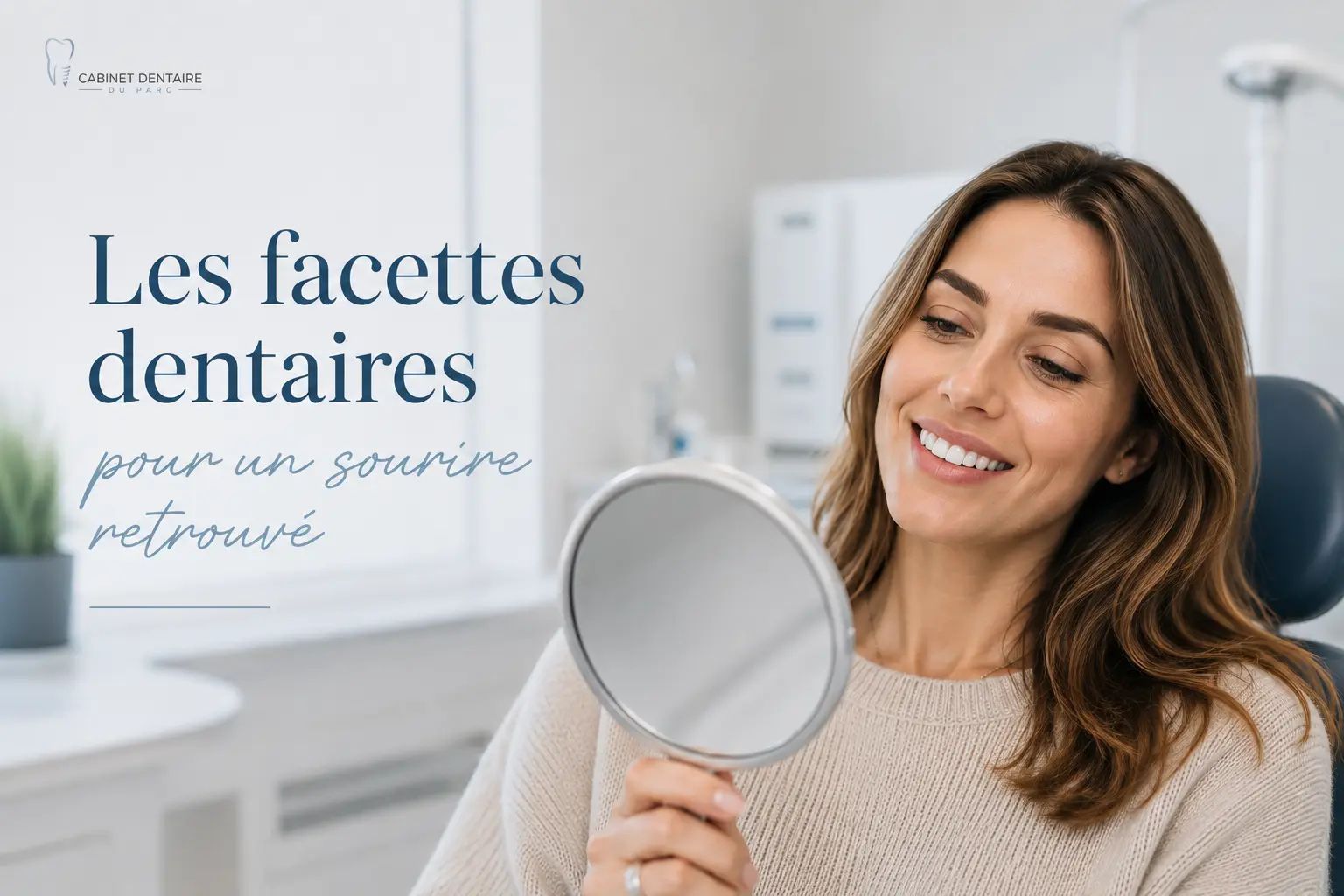 Assurance d’un sourire retrouvé: femme souriante se regardant dans un miroir au cabinet dentaire, texte “Les facettes dentaires” affiché. Assurance d’un sourire retrouvé: femme souriante se regardant dans un miroir au cabinet dentaire, texte “Les facettes dentaires” affiché.