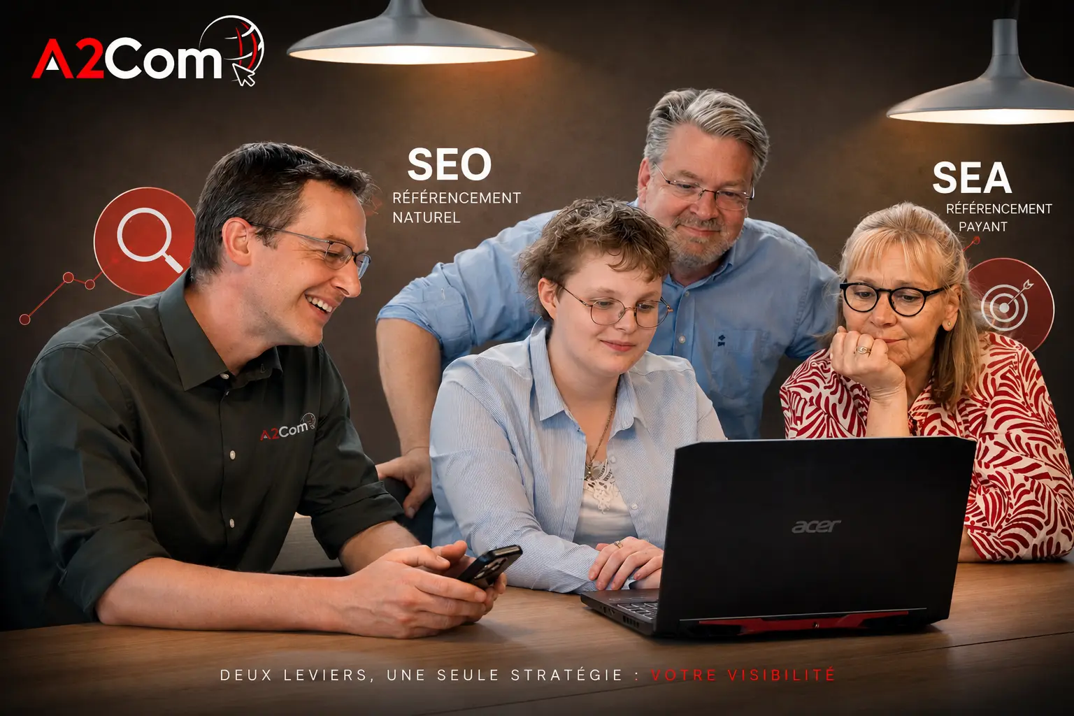 Équipe A2Com réunie autour d’un ordinateur portable, discutant de SEO et SEA pour améliorer la visibilité en ligne.