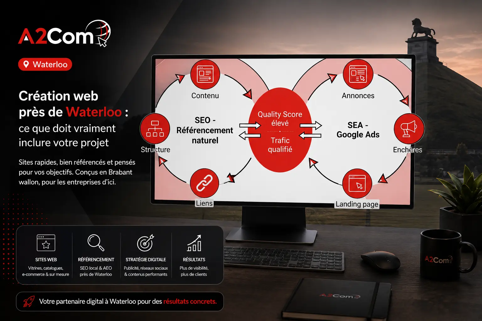 Création web près de Waterloo, affichage d’un écran montrant un diagramme SEO et marketing digital avec trafic et liens, sous marque A2Com.