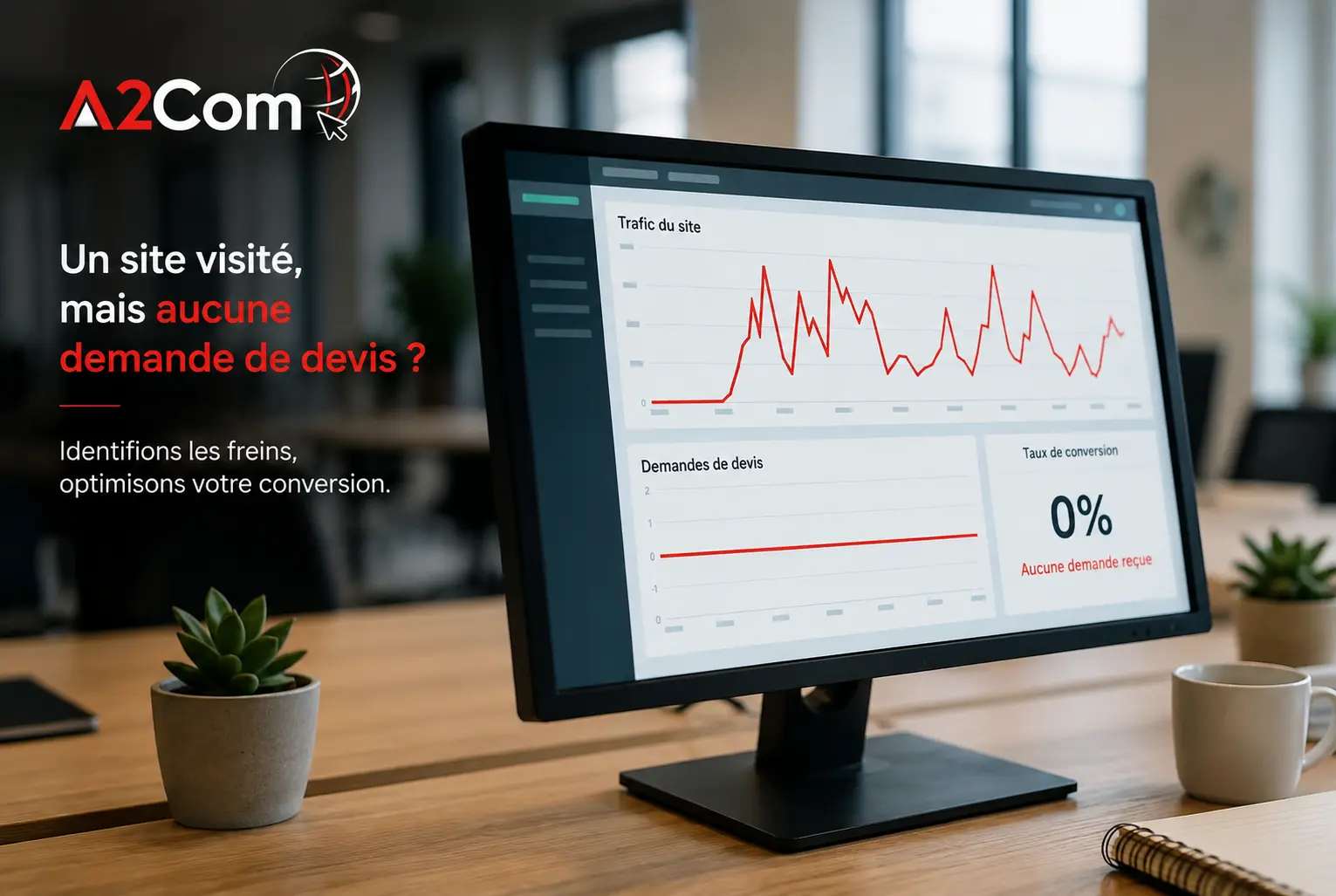 Affichage informatique sur bureau montrant un graphique de trafic et de conversions, côté gauche texte A2Com avec slogan.