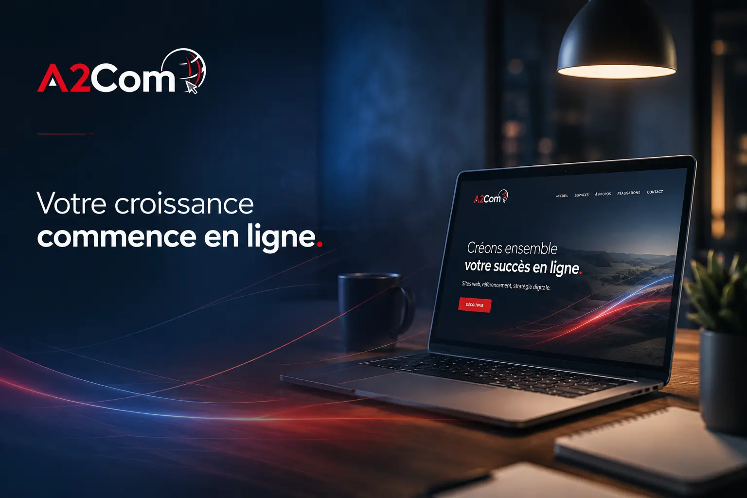 A2Com affiche une image de bureau sombre avec un ordinateur portable affichant leur site, ambiance professionnelle et lumineuse. Alt: A2Com, croissance en ligne, ordinateur portable sur bureau sombre. A2Com affiche une image de bureau sombre avec un ordinateur portable affichant leur site, ambiance professionnelle et lumineuse. Alt: A2Com, croissance en ligne, ordinateur portable sur bureau sombre.
