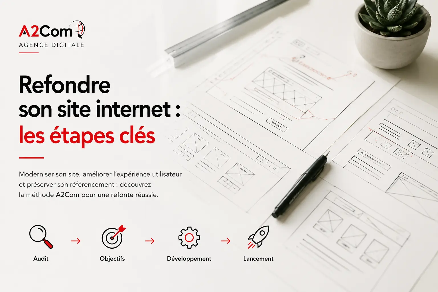 Plan de refonte de site web avec esquisses et outils marketing, logo A2Com et plante en pot.