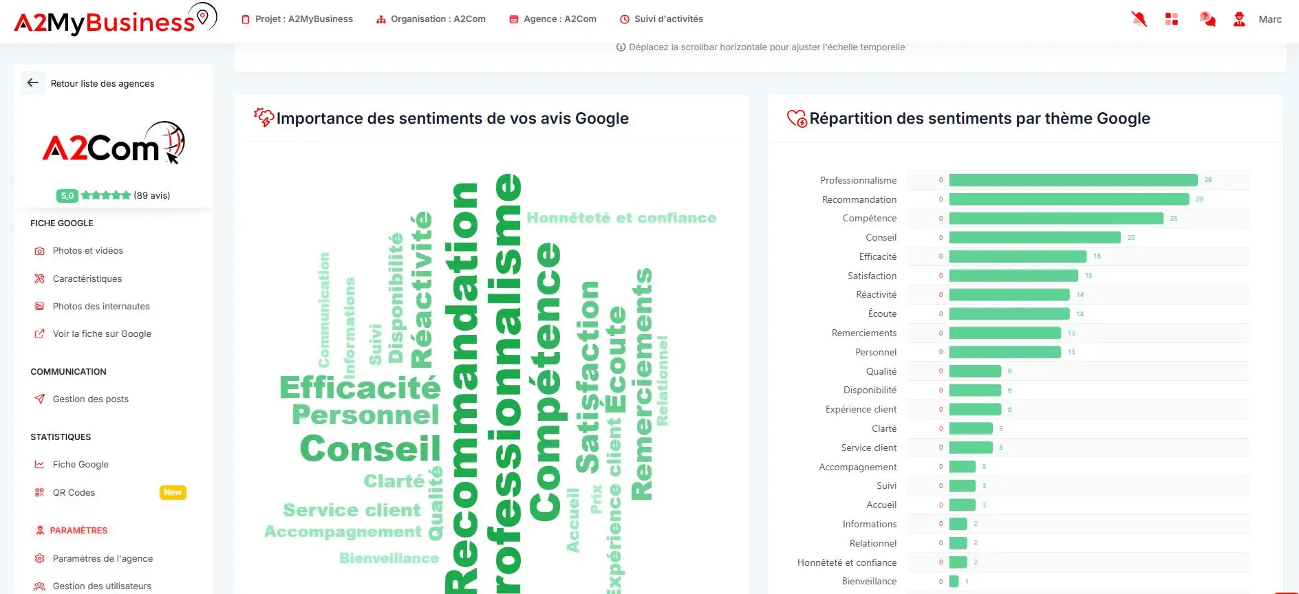 Diagramme affichant l’importance des sentiments Google et la répartition par thème, avec des barres vertes et une nuage de mots.