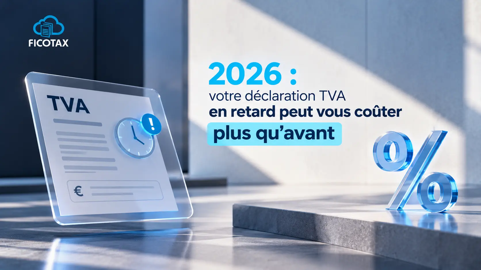 Déclaration TVA 2026 illustrant les coûts supplémentaires potentiels, avec logo Ficotax et éléments graphiques bleu et (%) en 3D.