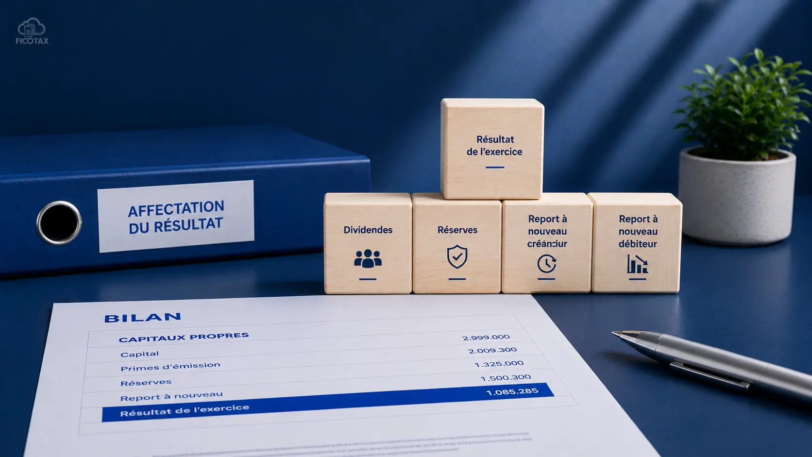 Bureau d'expertise comptable et fiscale 100 % digital Ficotax présente un tableau financier avec des blocs en bois et documents comptables sur un bureau bleu, symbole de gestion rigoureuse.