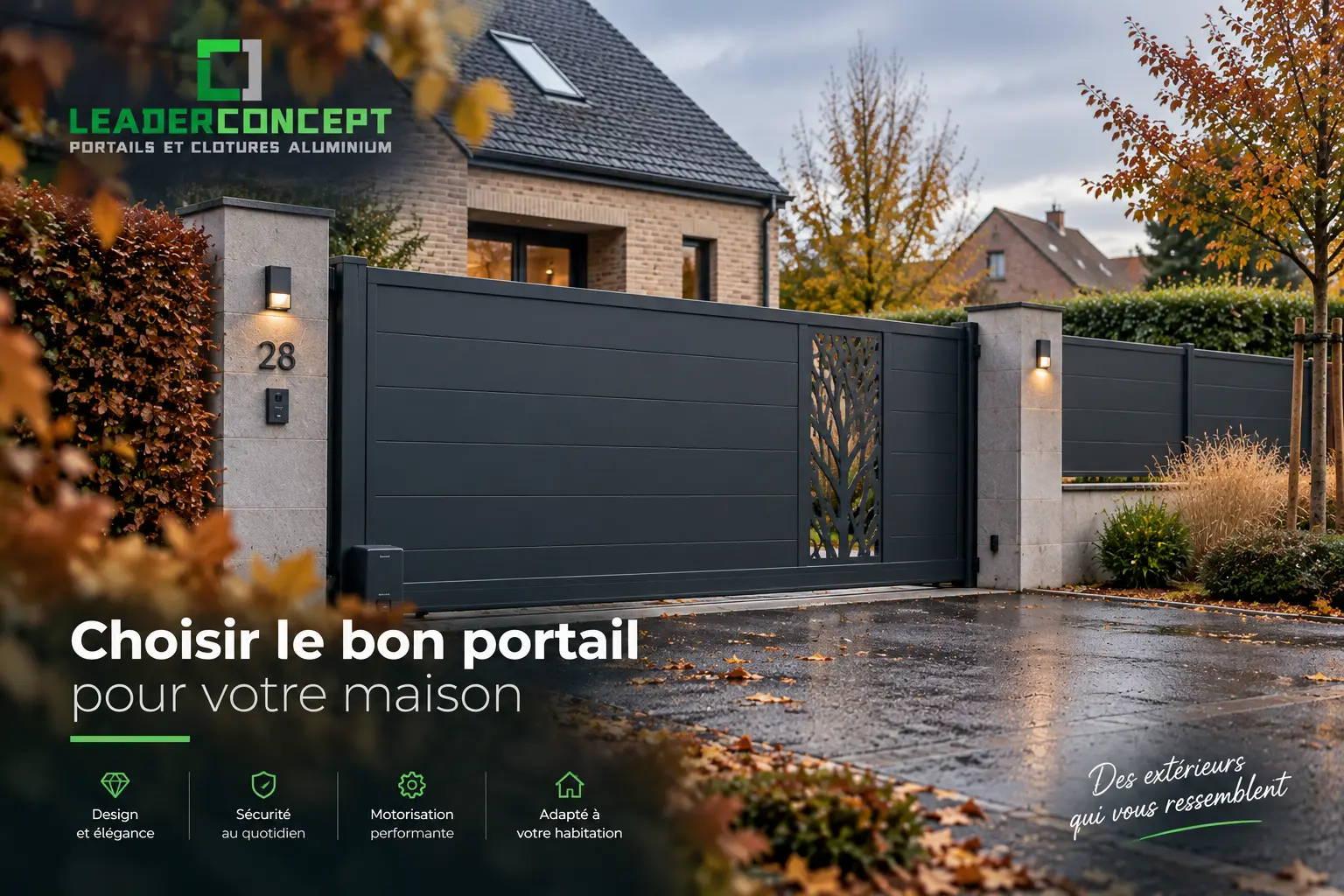 Portail automatique en aluminium sombre avec garde-corps et façade de maison moderne, entouré d’un jardin et d’arbres automnales, logo Leader Concept en haut à gauche.