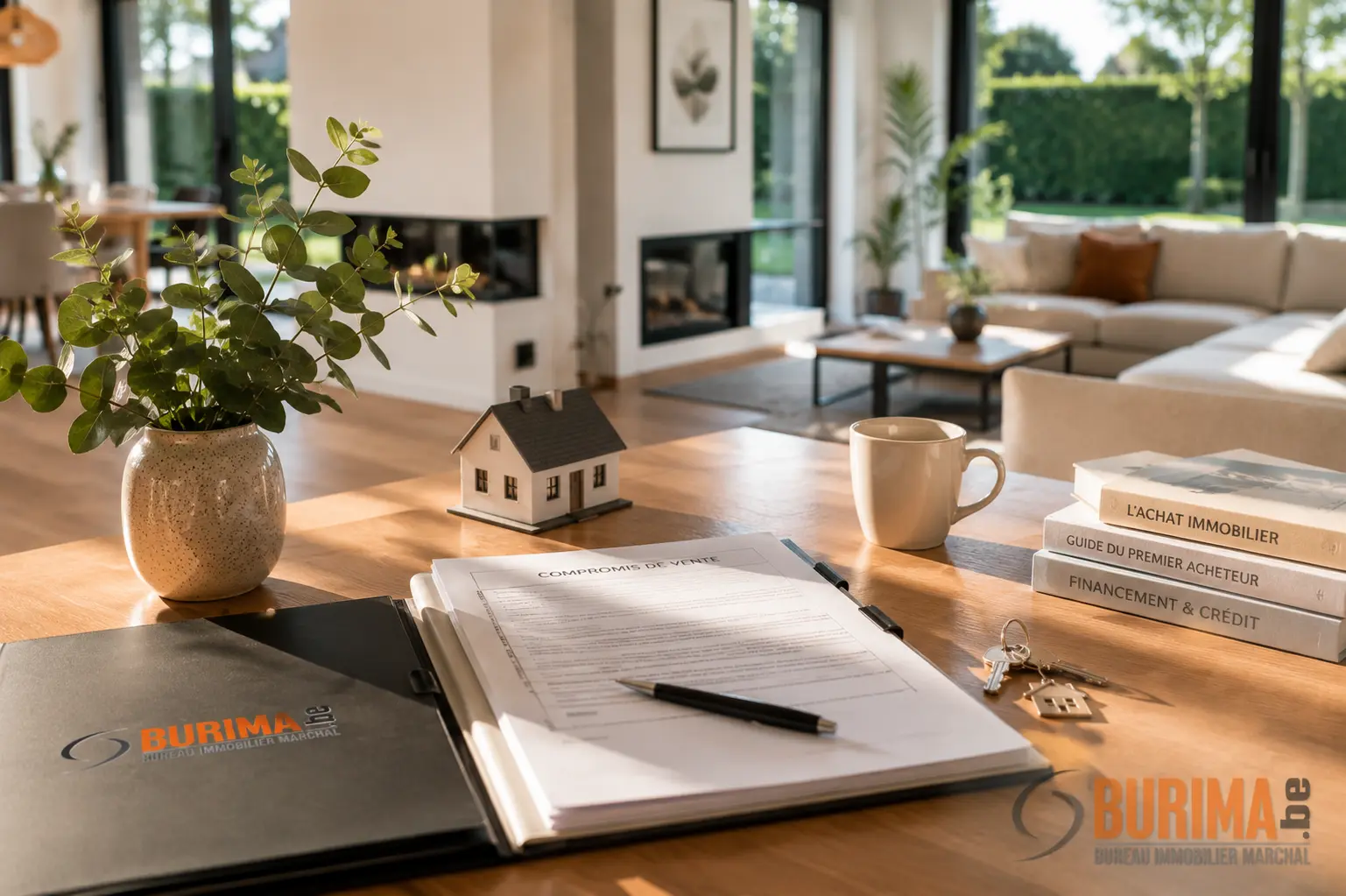 Burima, agence immobilière belge, présente un espace intérieur lumineux avec table en bois, plantes, mini maison, carnet et livrets immobiliers, ambiance cosy et professionnelle. Burima, agence immobilière belge, présente un espace intérieur lumineux avec table en bois, plantes, mini maison, carnet et livrets immobiliers, ambiance cosy et professionnelle.